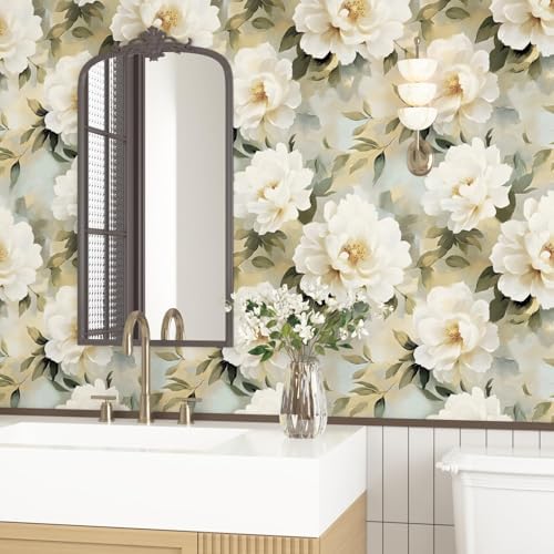 Laatse Vintage White Beige Peony Floral Botanical Wallpaper 17.5"x393" - Image 7
