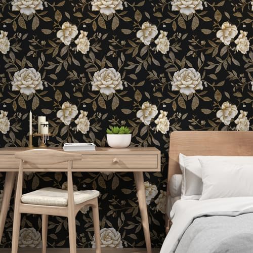 Laatse Dark Golden White Peony Floral Wallpaper Peel and Stick 17.5"x393" - Image 6