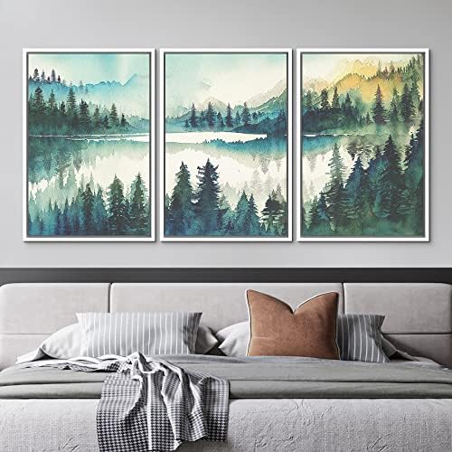MUDECOR Framed Canvas Print Wall Art Set Watercolor Teal Emerald Green Mountain - Image 2