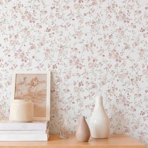Peel and Stick Wallpaper for Nursery Pink Cherry Blossom Waterproof by Fiula