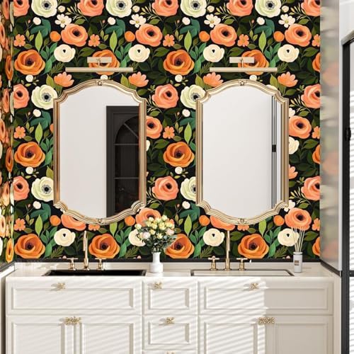 Danodoi Orange Green Vintage Floral Peel and Stick Wallpaper 17.5" x 393" - Image 7