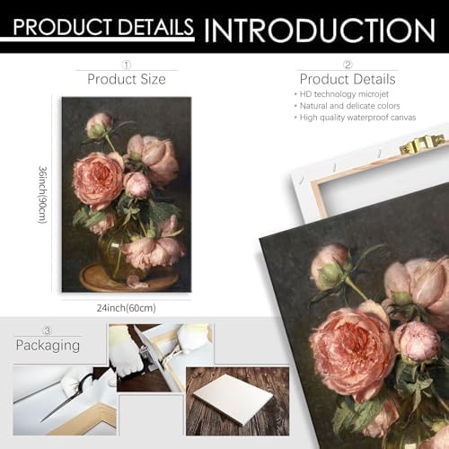 Moody Pink Peony Wall Art Spring Dark Academia Antique Floral Poster 24X36 inch - Image 2