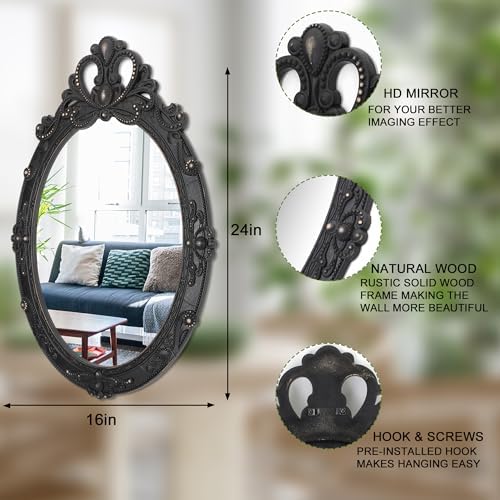 Vintage Black Hanging Mirror, Oval Carved Wood Frame Wall Mounted Mirrors - Image 2