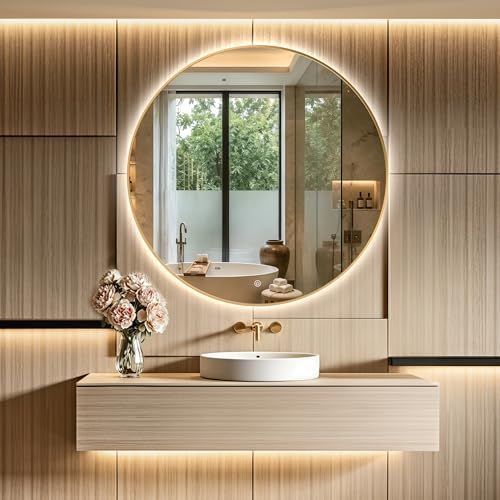 44" Round LED Bathroom Mirror, Wall Mounted Round Backlit Mirror LED Bathroom by TheiaMo