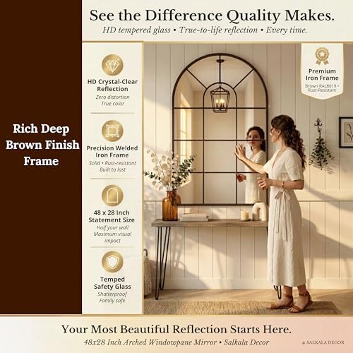 Brown Framed 48x28Inch Arched Window Pane Mirror| Arched Mirrors - Image 2
