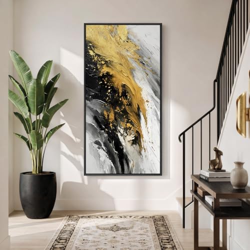 Large Framed Black White and Gold Abstract Wall Art, Vertical 30x60 In - Image 4