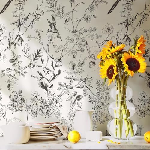 Safiyya Black and White Peel and Stick Wallpaper Floral Birds Wall Paper Peel - Image 4