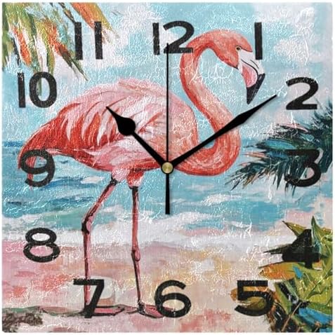 Seaside Flamingo Painting Art Square Wall Clock, 8 Inch Standard Non Ticking by Peystean