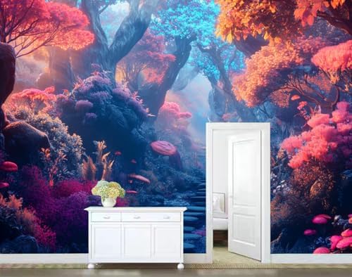 Colorful 3D Wallpapers Mural Fantasy Forest Trees Mushrooms Path Surreal Style - Image 4