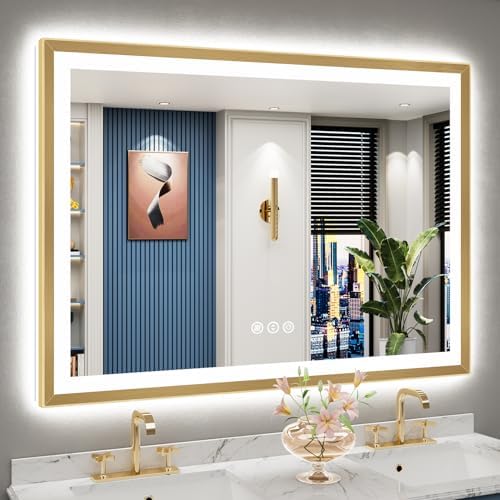 50x36 Gold Beveled LED Lighted Bathroom Mirror, Backlit & Front Lit by Awandee