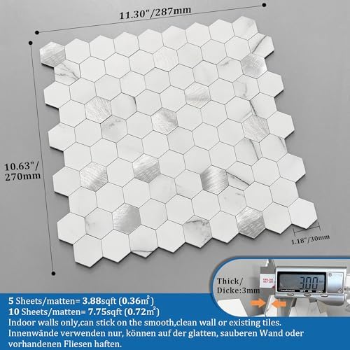 Peel and Stick Backsplash Hexagon Marble Tiles White Silver 10pcs - Image 5