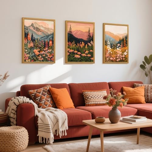 IAFWZX Wood Framed Boho Mountain Wildflower Wall Art Set of 3, 16x24 in - Image 4