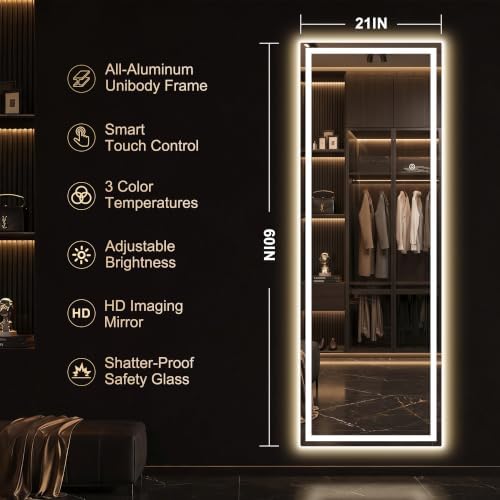 Delma LED Full Length Mirror, Dimmable & 3 Color Lighting, - Image 4