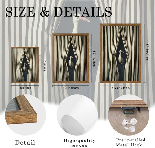 AVECCO Vintage Striped Curtain Moody Crane Wall Art Canvas Framed 8x10 in - Image 6