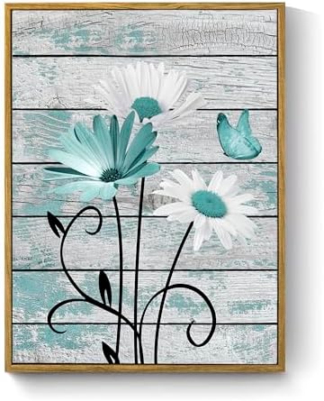 HVEST Farmhouse Teal Floral Framed Wall Art Rustic Daisy Butterfly on Vintage by HVEST