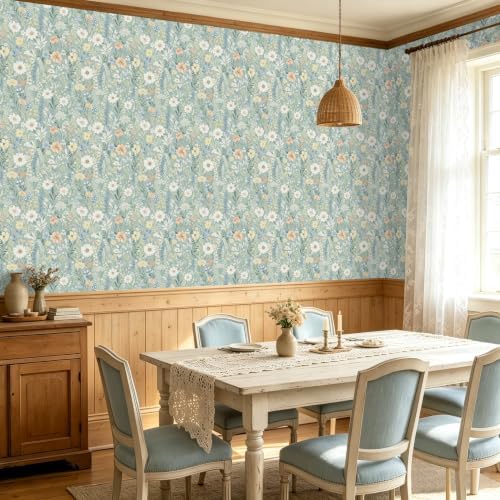 Boho Pale Blue Daisy Floral Peel and Stick Wallpaper 17.5" x 118" - Image 5