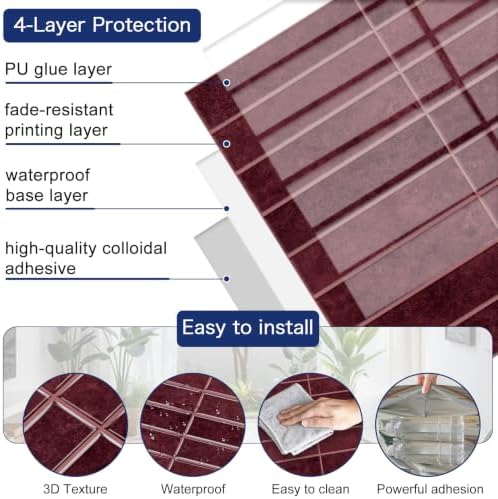 MORCART 10PCS Thicker Design Peel and Stick Backsplash, 11.8"x11.8" Dark Red - Image 4