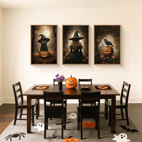 Halloween Spooky Witch Black Cat Raven Framed Canvas Wall Art Set-24"x36"x3 - Image 4