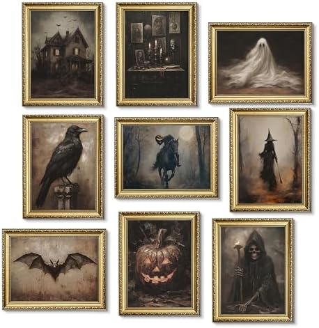 Halloween Posters Wall Art Set of 9, Dark Academia Headless Horseman Wall Decor by TmvosnWallArt