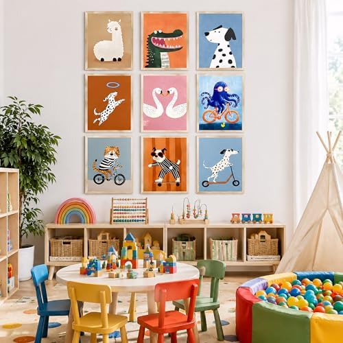ZBMYYGO Kids Room Canvas Wall Art Set of 9, Funny Cute Cartoon Animal Posters - Image 5