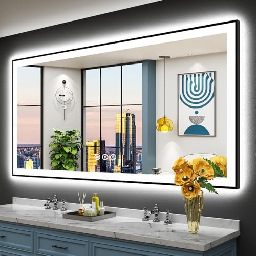 72x36 Black LED Bathroom Mirror, Backlit & Front Lit Lighted Mirror by Awandee