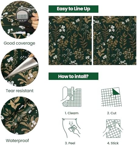 Abyssaly Dark Green Floral Peel and Stick Wallpaper 17.3" x 118" Vintage - Image 4