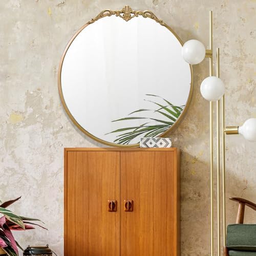 Round Gold Mirror 24.5in Ornate Baroque Antique Bathroom Mirror Large Circle - Image 6
