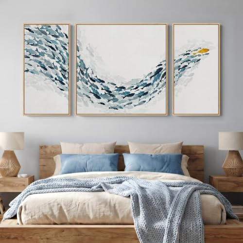 Extra Large 3 Piece Framed Blue White Coastal Fish Wall Art - Image 3