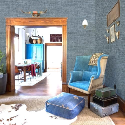 Amiya Grasscloth Wallpaper 17.3"x120" Blue Peel and Stick Faux Fabric Linen - Image 2