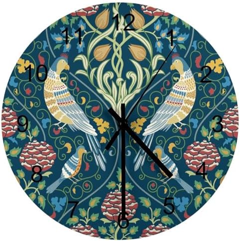 William Morris Wall Clock, Vintage Rustic Art Botanical Floral Bird Wall Clocks by LOMADIA