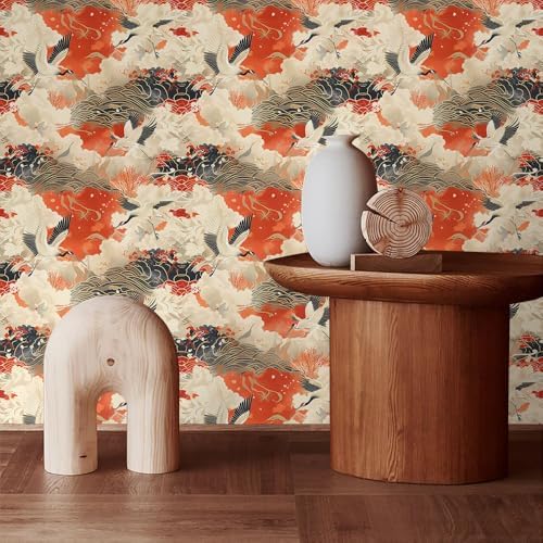 MuralPeel Vintage White Red Yellow Crane Bird Mountain Cloud Wave Chinese Peel - Image 3