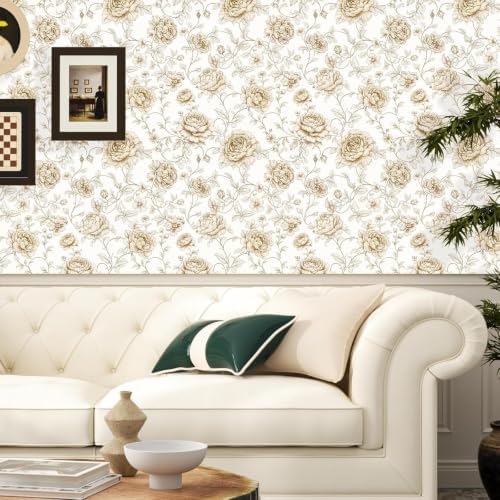 ILHIIOR Beige/White Floral Peel and Stick Wallpaper Boho 17.5 x393 Inches - Image 2