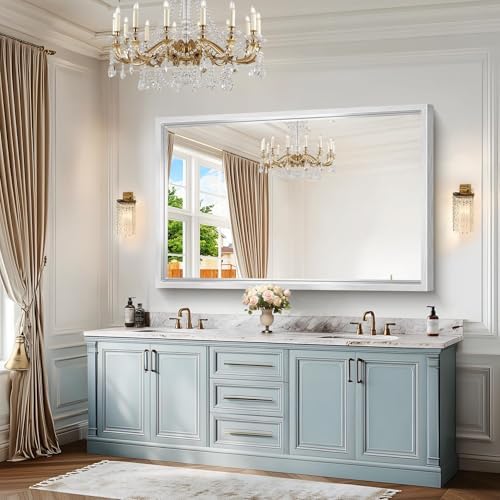 60 x 40 inch Brushed Silver Bathroom Mirror, Large Metal Framed Rectangle Mirror - Image 3