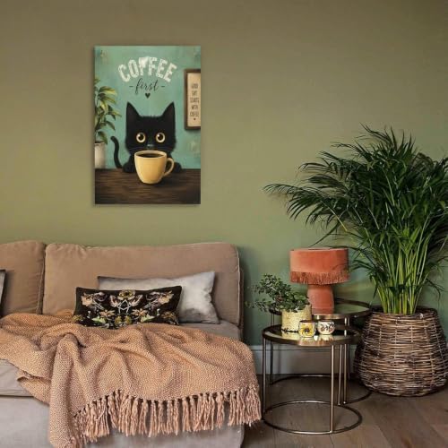 Coffee Cat Poster Black Cat Coffee Lover Vintage Canvas Wall Art - Image 4