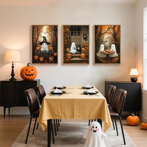 FWIEXA Halloween Cute Ghost Pumpkins Canvas Wall Art Set of 3, Vintage Witchy - Image 4