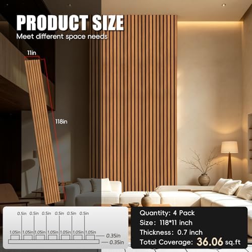 RITOLLO Wood Panels for Wall, 4 Pack Wood Slat Acoustic Panels, 118 x 11 in 3D - Image 2