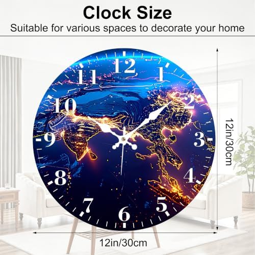 12" Silent Wall Clock, Round Wall Clock, Earth Night View - Image 2