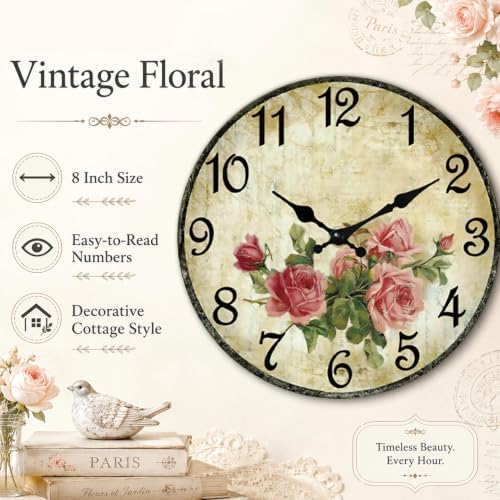 CHYLIN Wall Clock Pink Rose Silent Battery Operated Kitchen Home Decor - Image 4