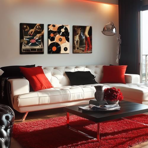 Framed Trendy Leopard Canvas Wall Art Set of 3, Funky Cheetah Music Vinyl - Image 3
