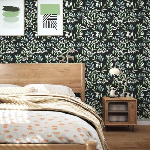Danodoi Black Green Vintage Leaves Peel and Stick Wallpaper 17.5" x 118" - Image 4