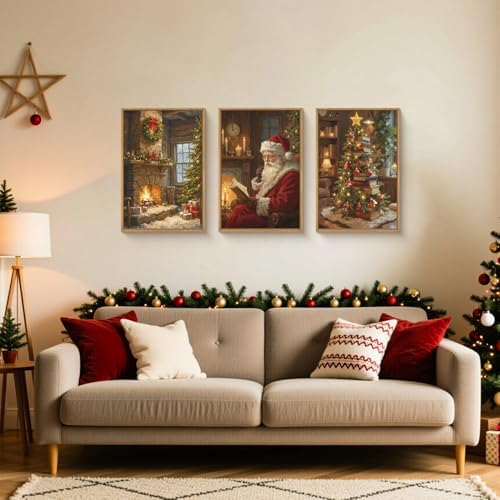 Large Vintage Christmas Framed Canvas Wall Art Set, Santa Reading Book Wall - Image 2
