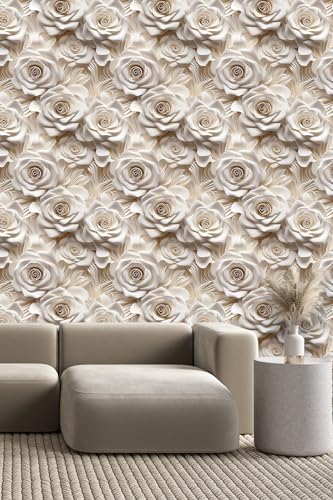 Peel and Stick Wallpaper Beige Rose Floral Feature - Image 3