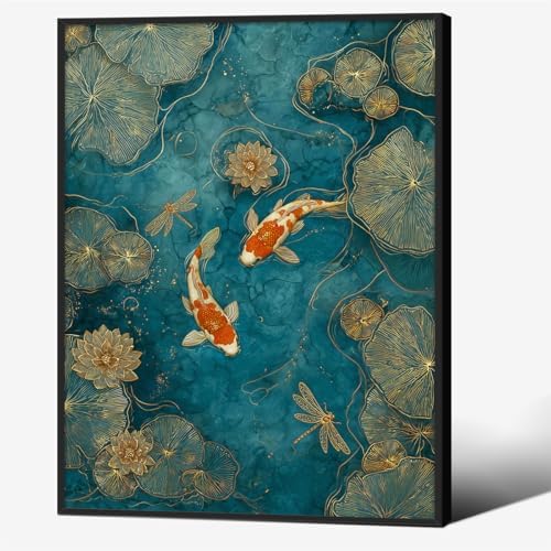 Japanese Koi Fish Zen Black Framed Canvas Wall Art Traditional Oriental Asian by Unknown