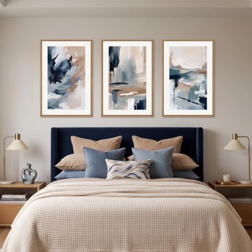 Aryroi Large Abstract Navy Blue Framed Canvas Wall Art Set, Modern Neutral - Image 5
