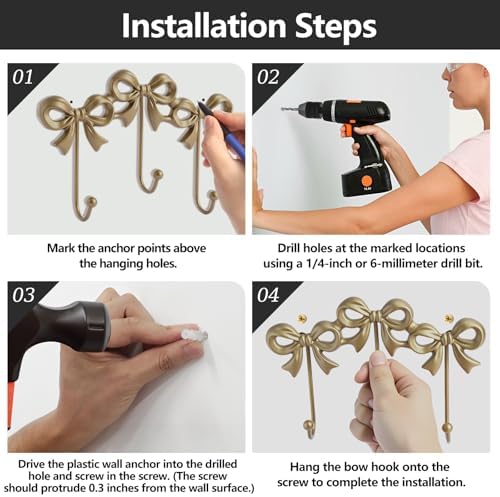 2Pcs Gold Bow Hooks Coat Rack, Wall Mount Coat Hook, Bow Room Wall Decorations - Image 6