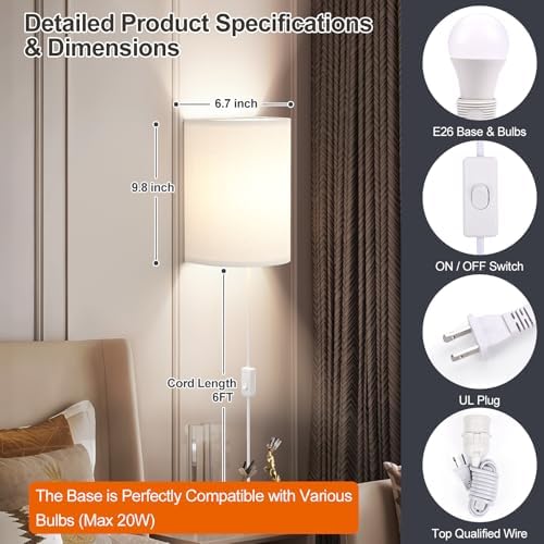 Yunaking Plug in Wall Sconces Set of Two Wall Lights - Image 6