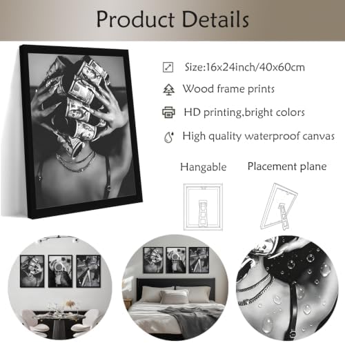 Framed Trendy Black and White Wall Art Luxury Money Hair Rollers Girl Posters - Image 4