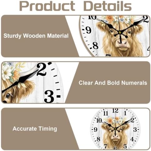 Highland Cattle Wall Clock Silent Non-Ticking 12" - Image 3