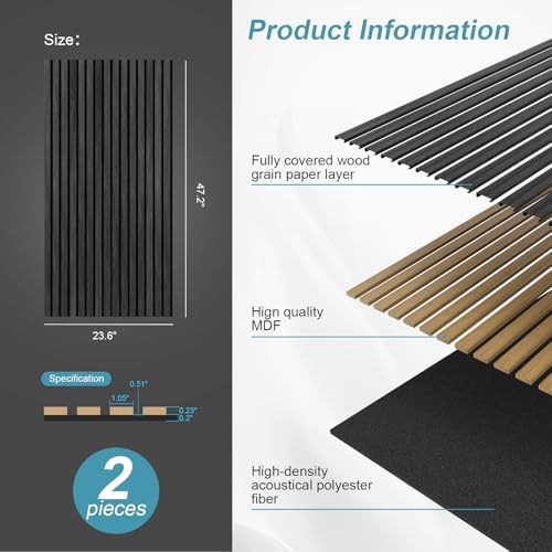 Wood Slat Acoustic Wall Panels, 2 Pack, 47.2 x 23.6 in - Image 2