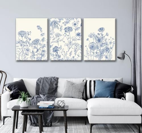 Blue Botanical Canvas Wall Art, 3 Piece Gallery Wrapped Set, 16x24 Inch - Image 4
